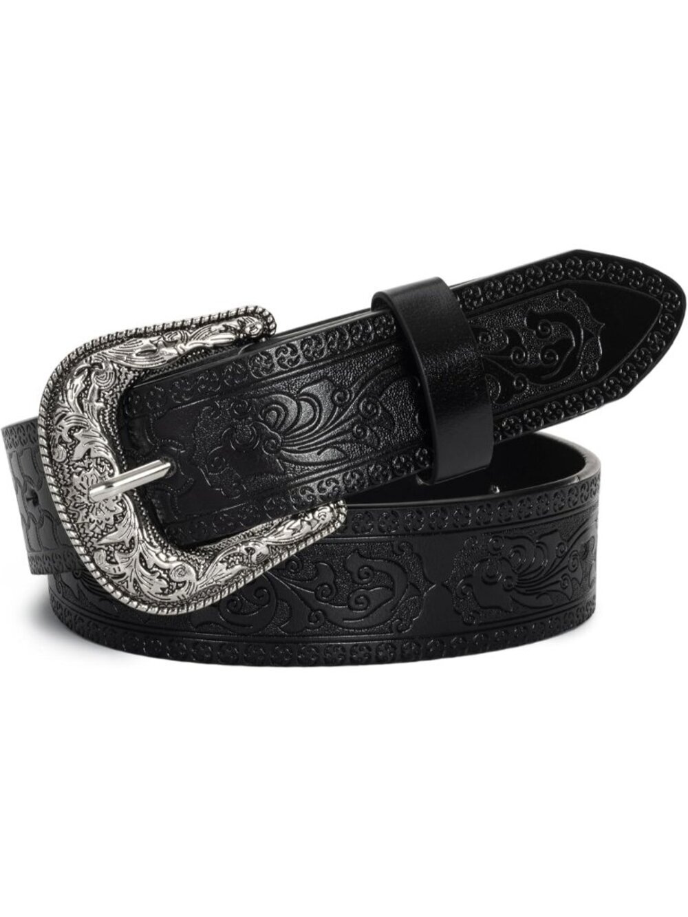 Unisex Black PU Leather Belt Vintage Western Cowboy Waist Belt Carved Buckle